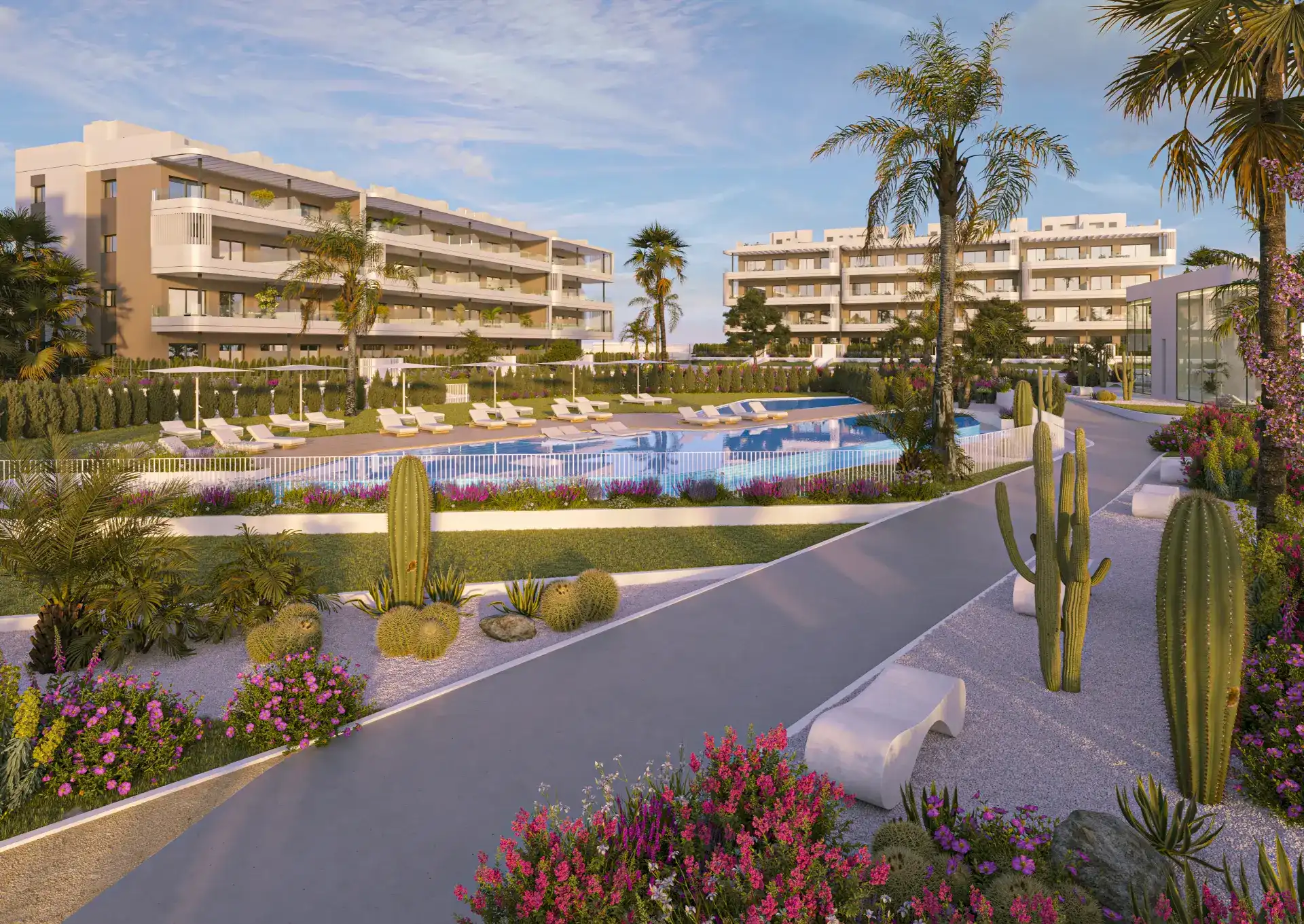 Widok ze strefy basenowej kompleksu mieszkaniowego Torrevieja